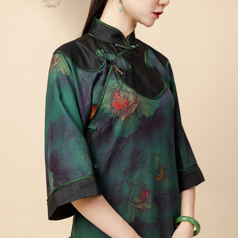 缘梦40姆米重缎真丝香云纱云肩旗袍裙无省一片式复古如意云纹旗袍