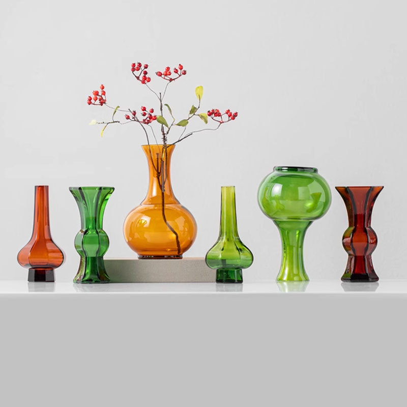 现代轻奢透明彩色玻璃花瓶客厅样板房会所设计师插画器装饰品摆件