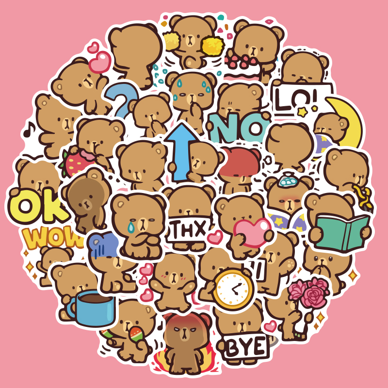 40张摩卡熊小熊手账贴纸装饰小图案卡通可爱熊手帐素材手机水杯杯子杯