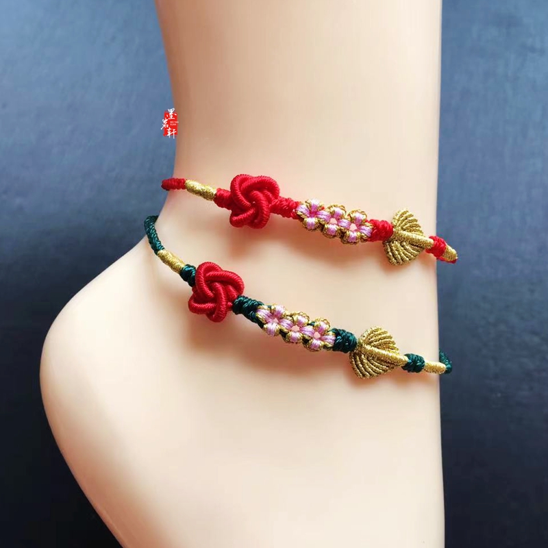 同心结脚链女编织金叶子桃花金枝玉叶红绳小众设计款脚绳闺蜜礼物