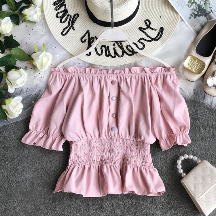 韓版收腰上衣女夏季新款短袖小清新壹字甜美百搭肩娃娃衫襯衫在類目 女裝/女士精品, 襯衫中 - 來自Buy2taobao.com提供專業的淘寶代購服務