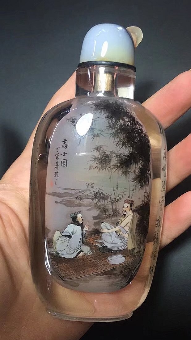 名家天然水晶内画鼻烟壶一丁聂磊《高士图》