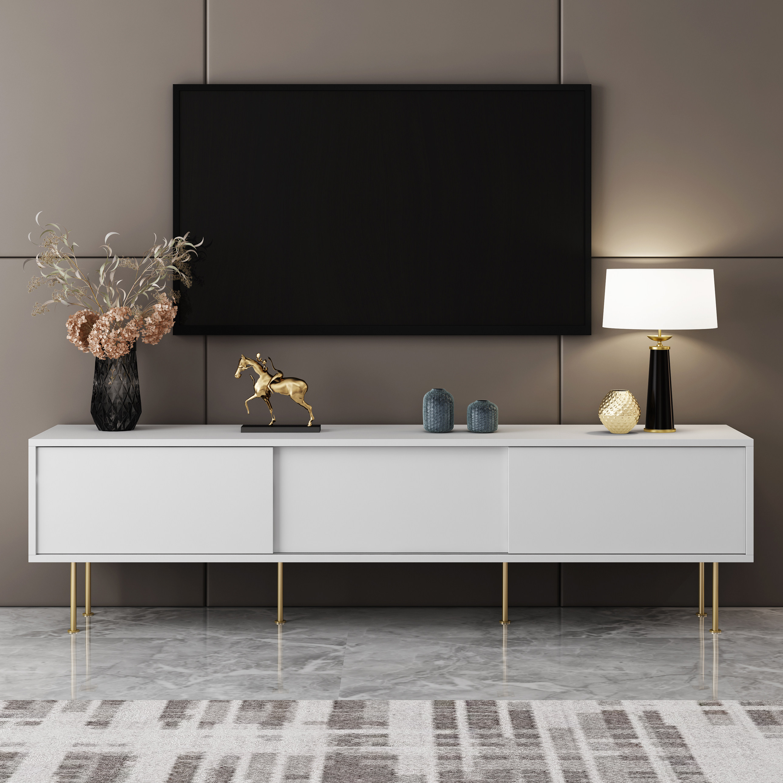 客厅北欧现代简约轻奢电视柜茶几组合小户型实木烤漆白色地柜高款