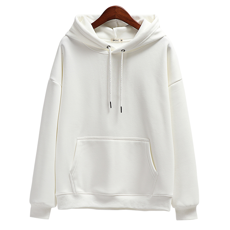 白色连帽卫衣女潮加绒保暖2021年韩版宽松纯色加厚羊羔绒秋冬上衣