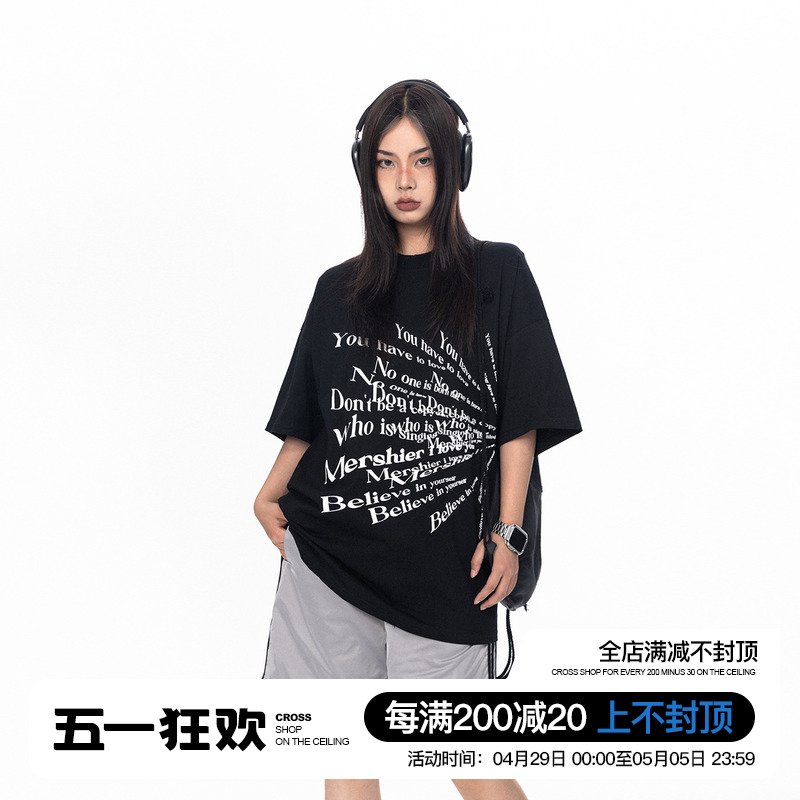 BLACKBB/夏季纯棉印花短袖T恤女2023新款设计感小众宽松圆领上衣