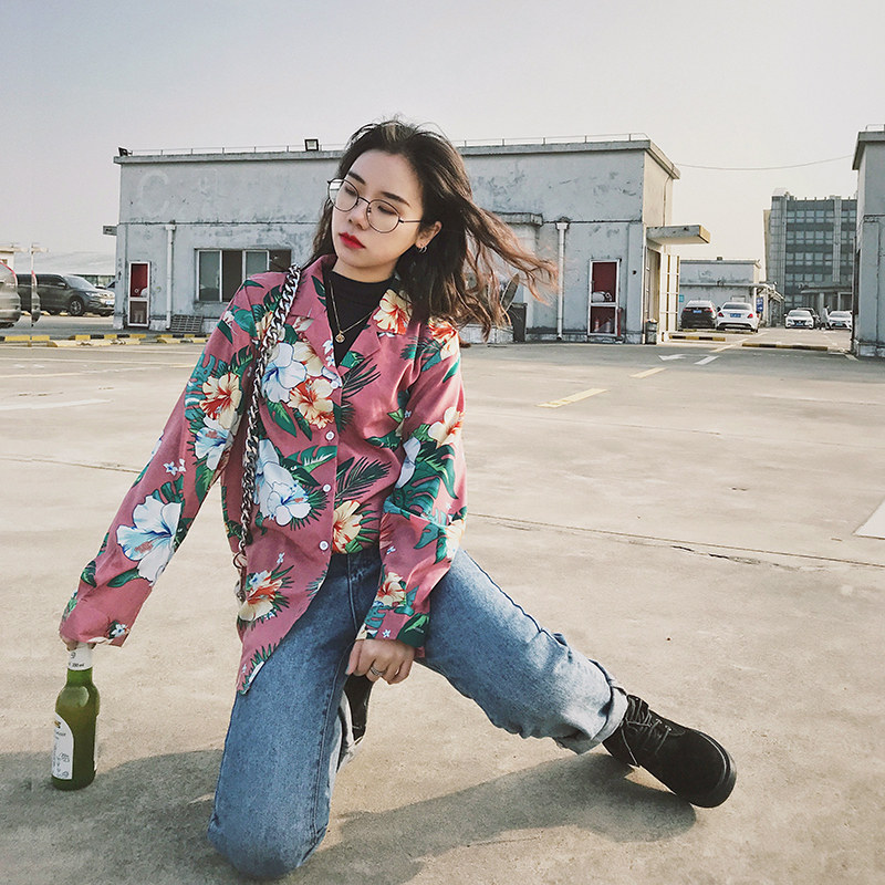 延禧雾霾红花衬衣女2021春季新品vintage原创古着复古长袖衬衫