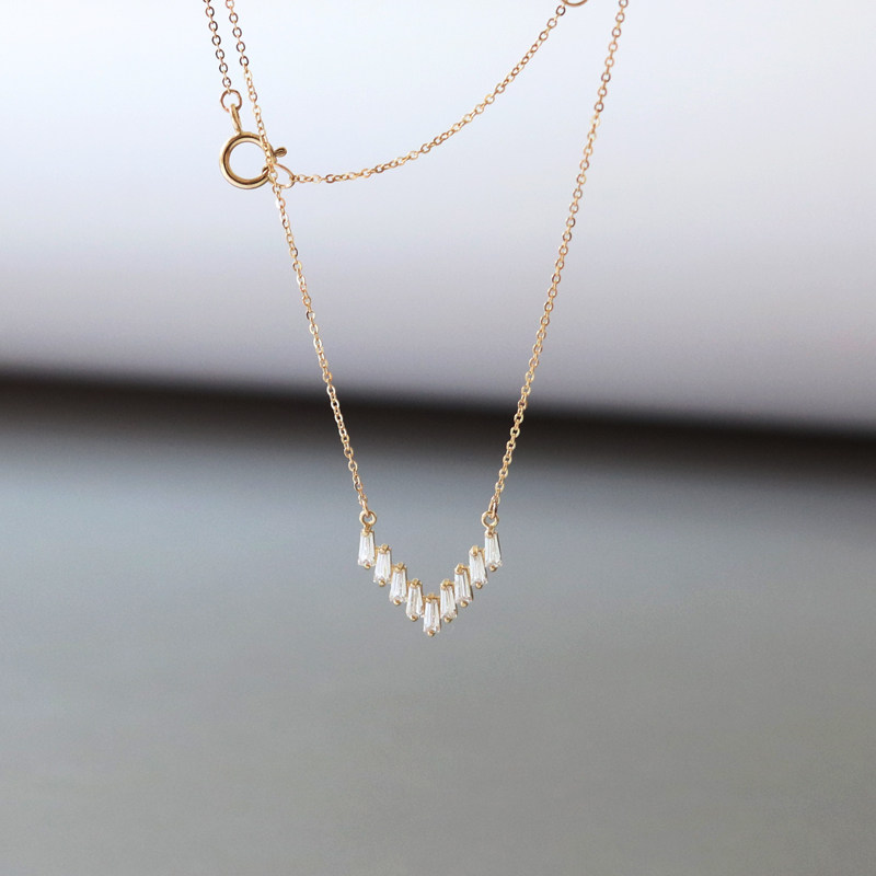 精致款韩国进口纯14k黄金项链女v型满锆k金锁骨链颈链礼物