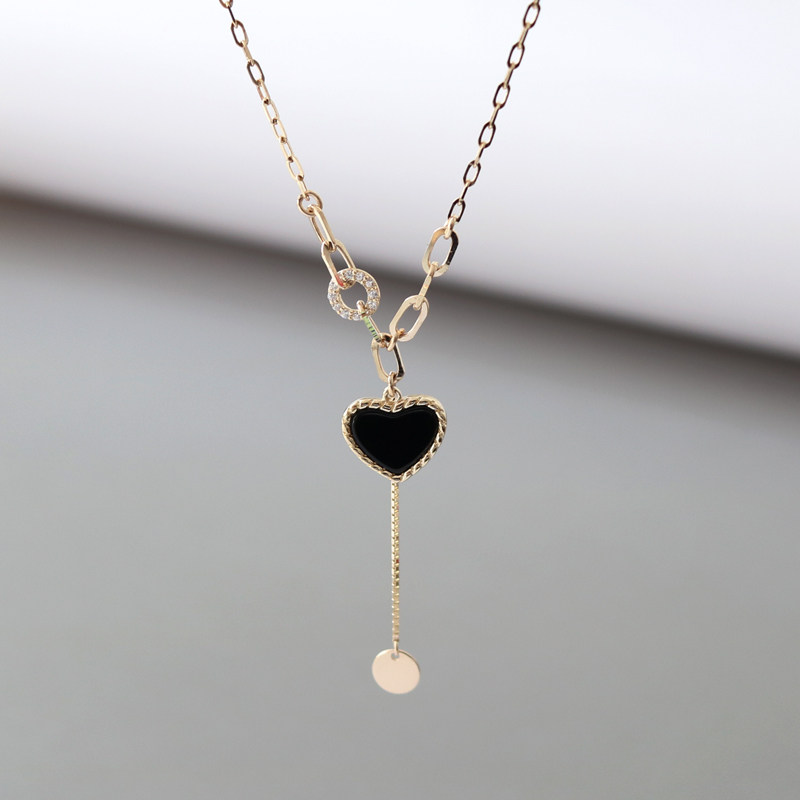 好看百搭不掉色 韩国纯14k黄金项链女 简约时尚黑玛瑙桃心锁骨链