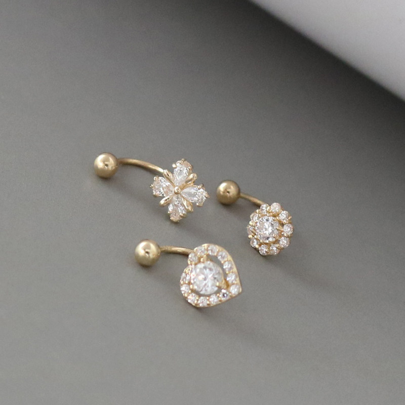 好看韩国纯10k14k金耳环女u型桃心四瓣花镶嵌太阳花拧螺丝耳骨钉