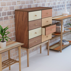 现代简约北欧风多色拼木抽屉柜实木现代卧室储物斗柜客厅家具