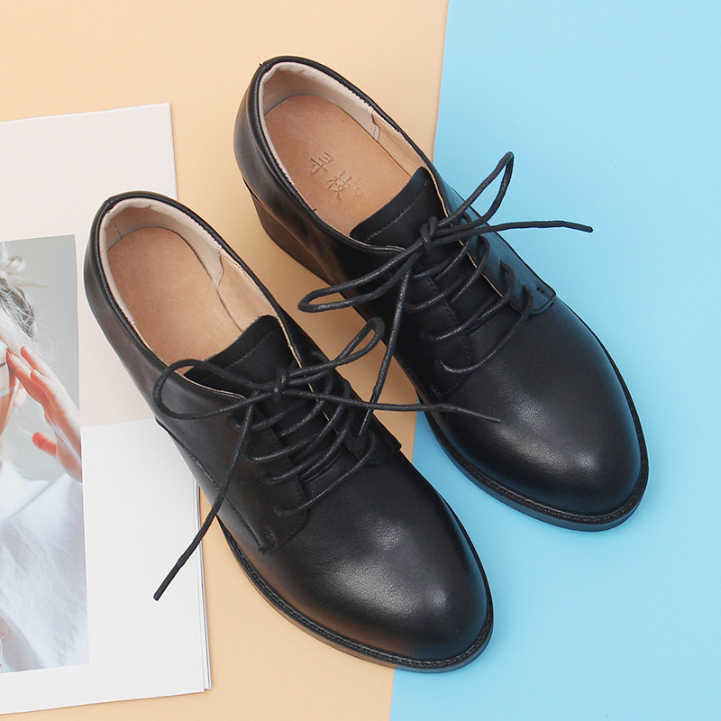 新款复古英伦风布洛克中跟小皮鞋女真皮黑色单鞋系带皮鞋女——寻枝
