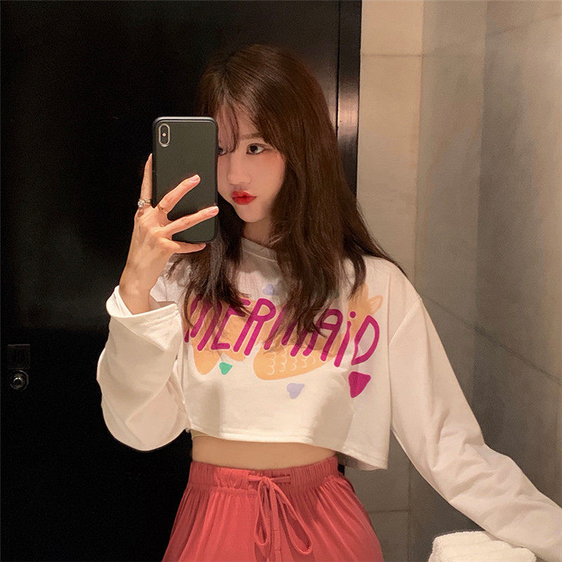 网红泫雅风短款卫衣女秋装2020新款韩版学生显瘦露脐长袖t恤上衣