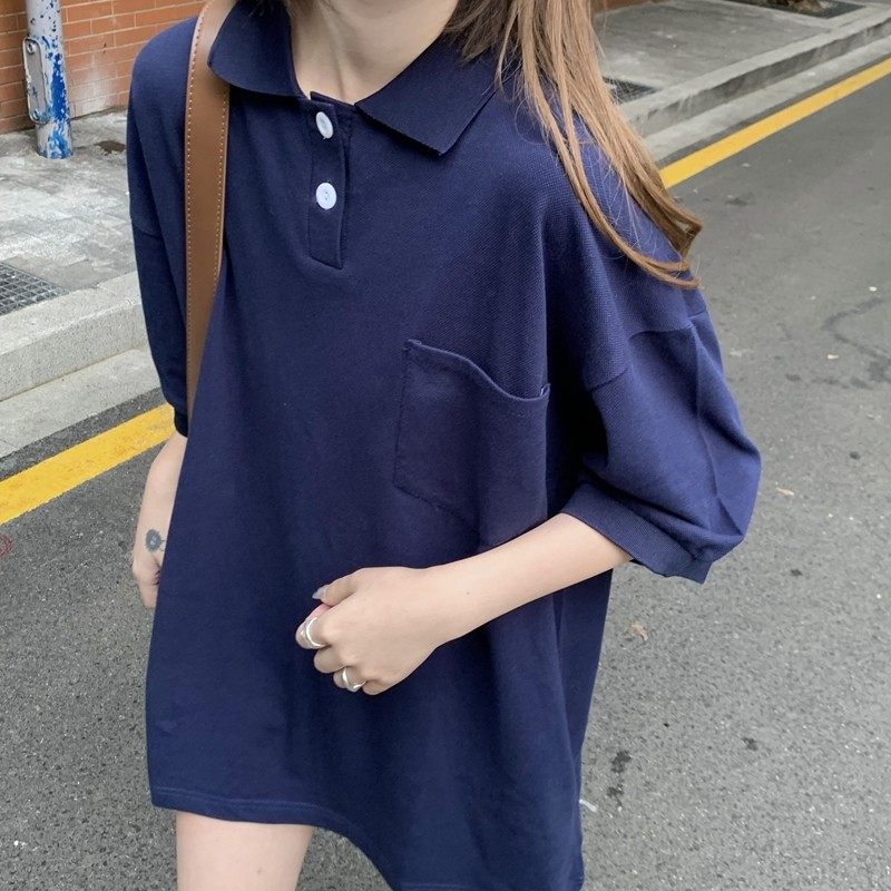 藏蓝色polo领短袖t恤女夏季韩版宽松bf慵懒风学生百搭半袖上衣ins