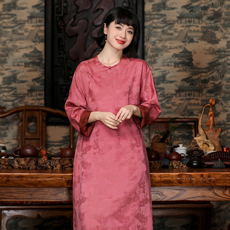35姆米中式复古桑蚕丝花罗香云纱宽松连衣裙真丝红云纱无领女长裙