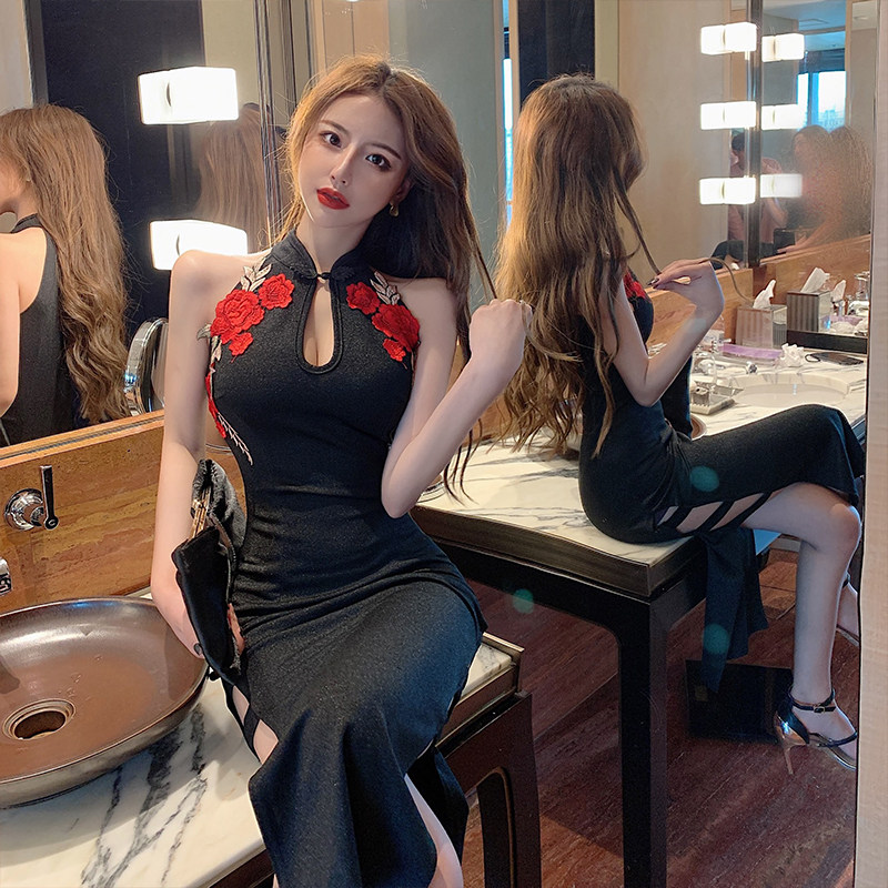 ief/爱依服直播衣服高开叉长款旗袍2021春夏性感镂空显胸印花修身