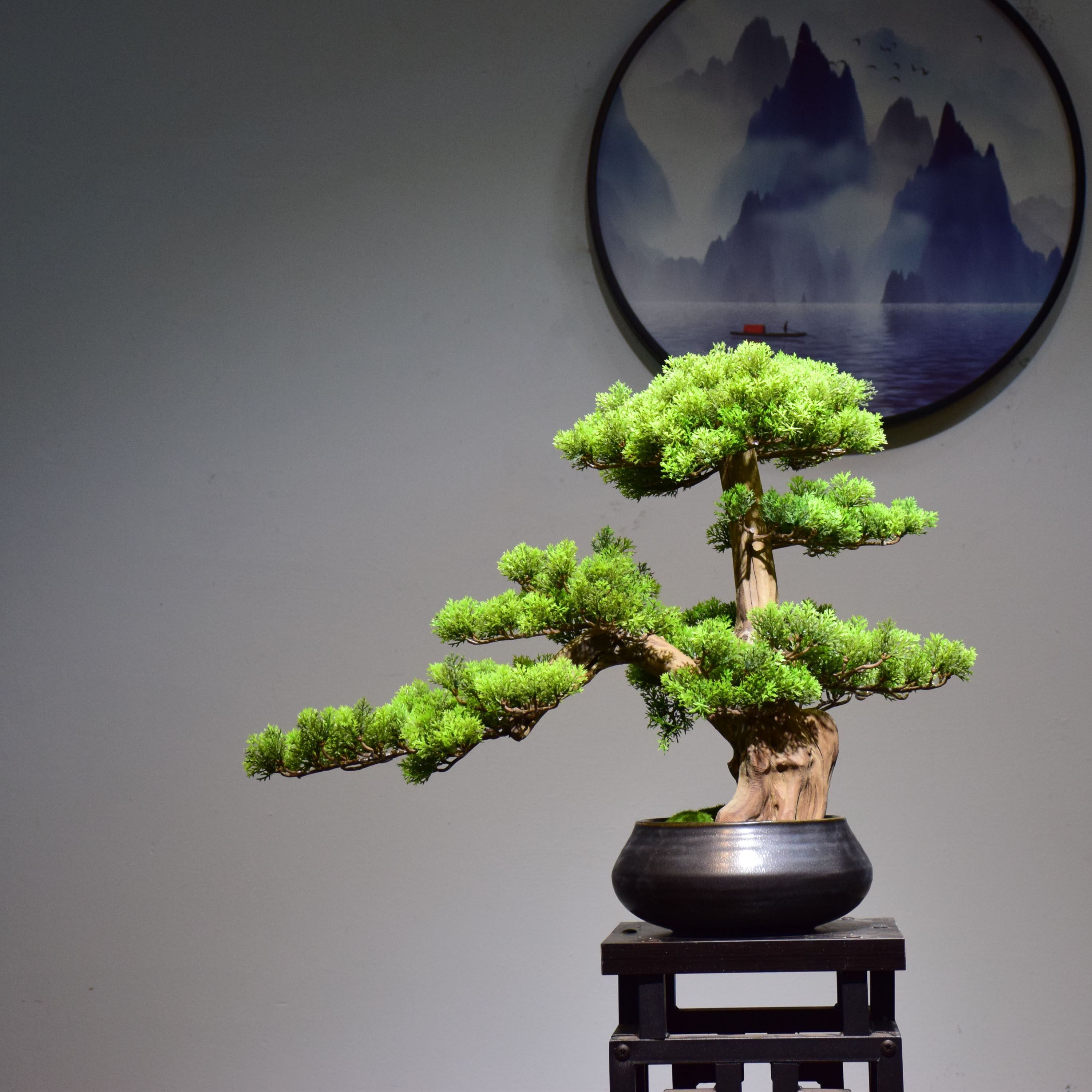 仿真实木大型迎客松假山盆景绿植摆件客厅酒店玄关样板房创意饰品