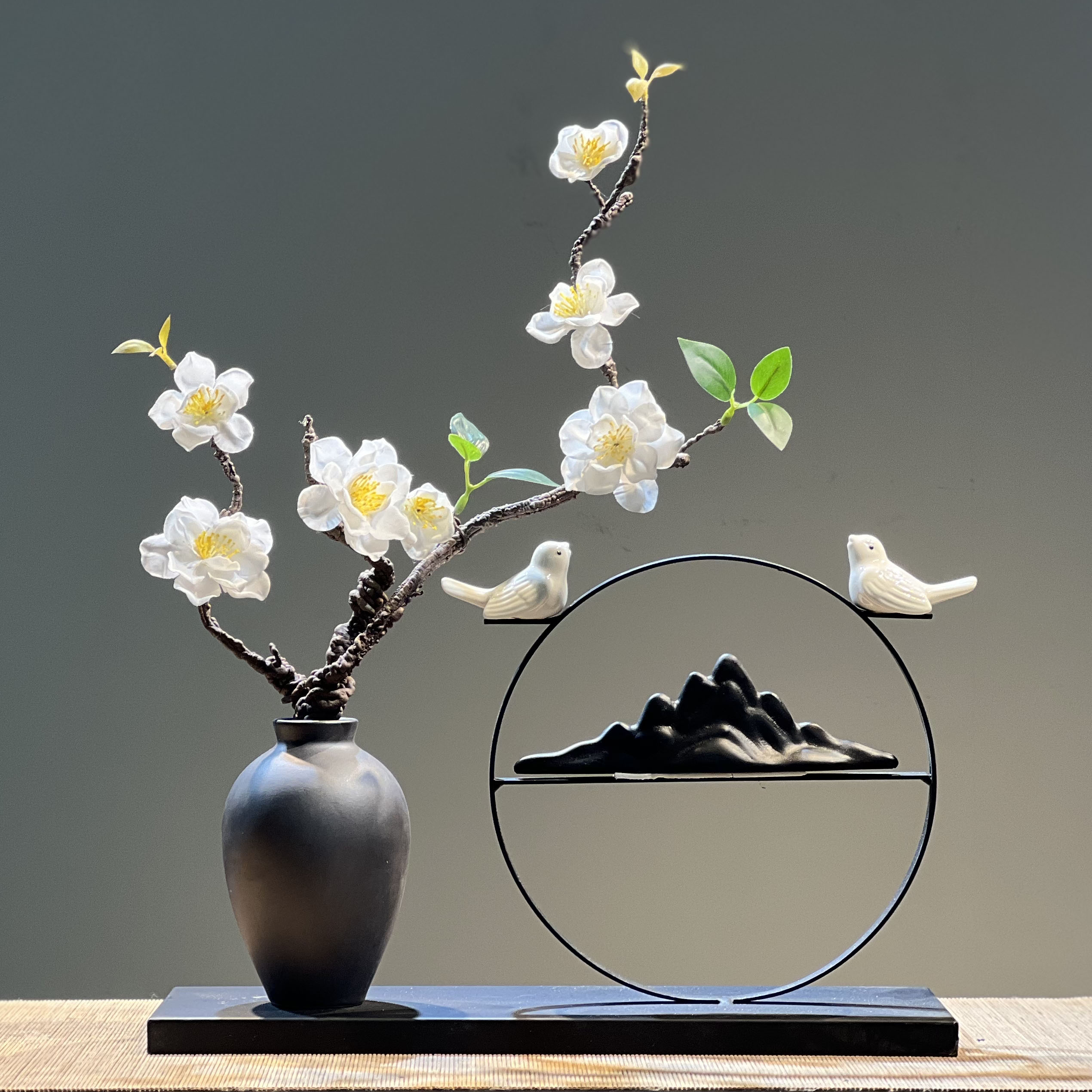 喜上眉梢陶瓷复古假山花瓶客厅插花禅意玄关电视柜装饰摆件新中式