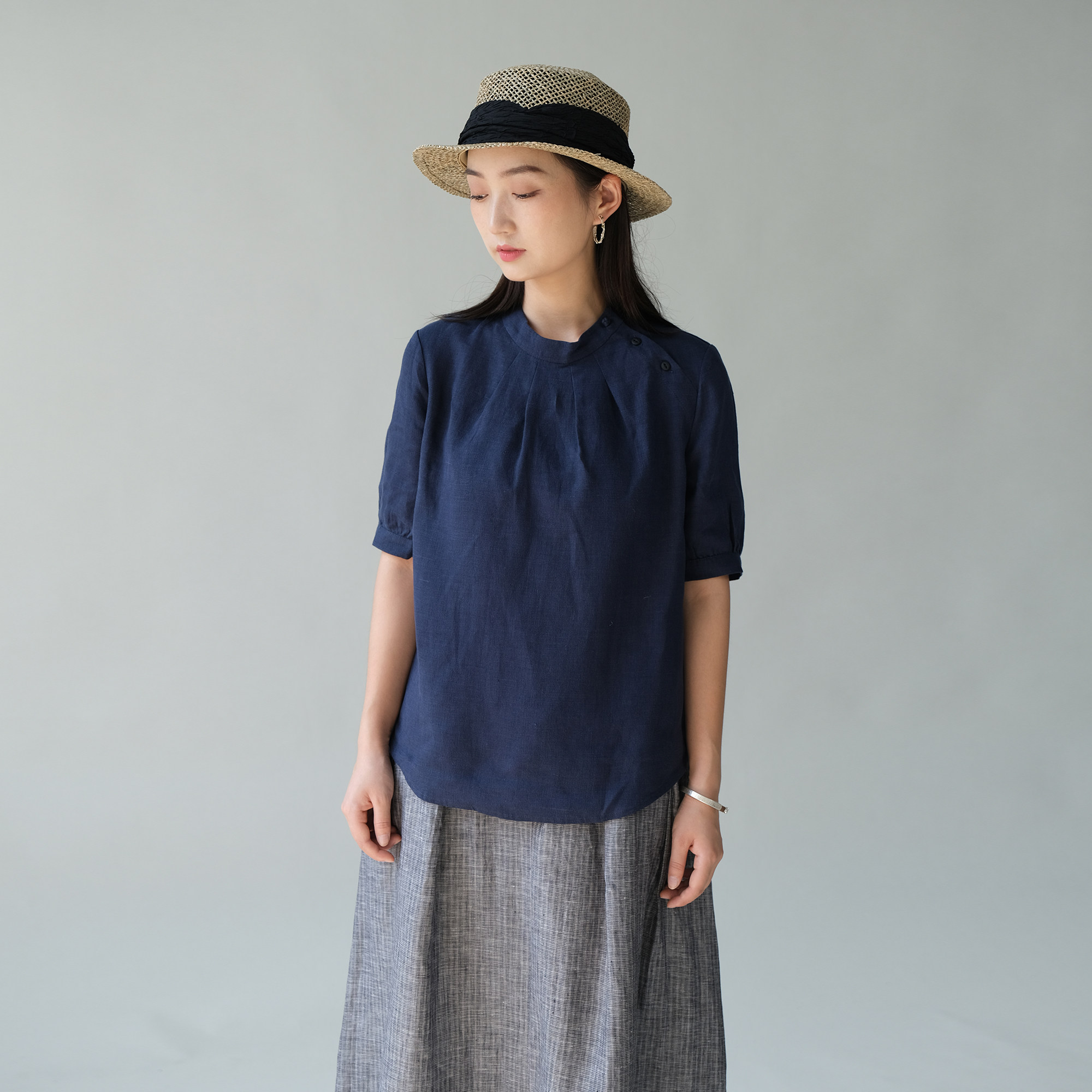 远家纯亚麻新中式上衣圆领偏襟开扣短袖衬衫宽松休闲夏新lh1618限