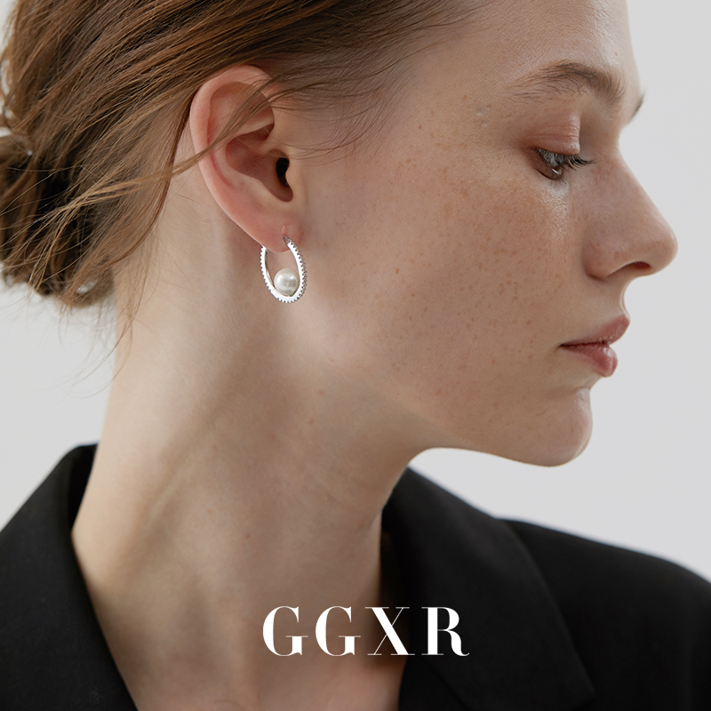 GGXR 925银蛋形镶钻珍珠耳环耳夹气质欧美小众高级感几何耳饰