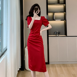 短袖红色连衣裙女夏季新款方领法式复古收腰显瘦气质敬酒订婚裙
