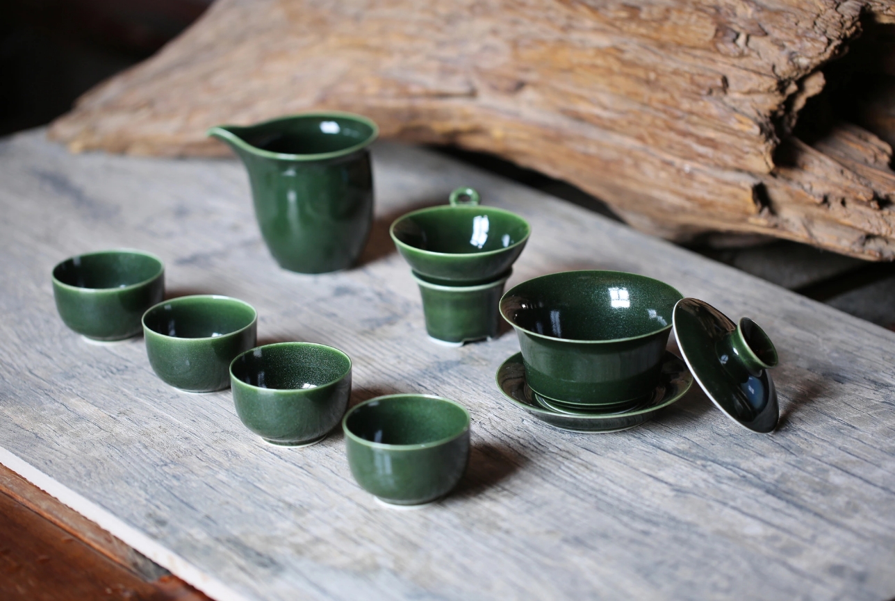 景德镇陶瓷中式盖碗功夫茶具套装绿沙金手工家用泡茶送礼高档礼盒