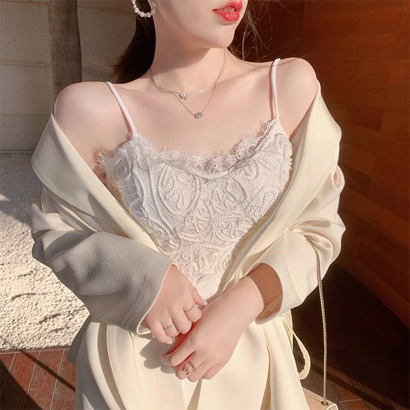 法式蕾丝吊带背心女外穿2021年新款夏季少女内搭美背短款含带胸垫
