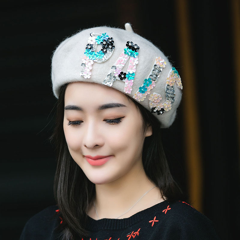 帽子白色贝雷帽冬天女士八角帽手缝亮片花朵字母羊毛呢保暖画家帽