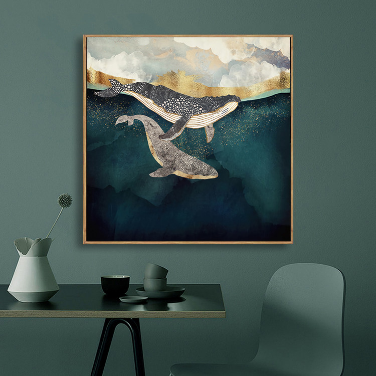 北欧现代新中式抽象鲸鱼装饰画卧室床头玄关壁画餐厅样板房挂画