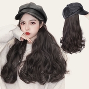 Women's wig wearing a hat autumn and winter beret net red octagonal hat women's fashion big waves long curly hair straight hair