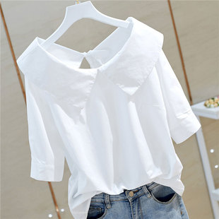 韩国潮牌白色衬衫女设计感小众夏季2024新款短袖t恤v领娃娃领上衣