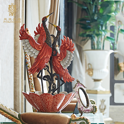 凤凰美居欧式奢华陶瓷配铜双鹤起舞摆设办公酒店家居原创红鹤摆件