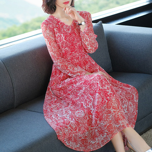 2021春夏新款杭州丝绸连衣裙女气质贵妇人宽松桑蚕丝系带长裙红色