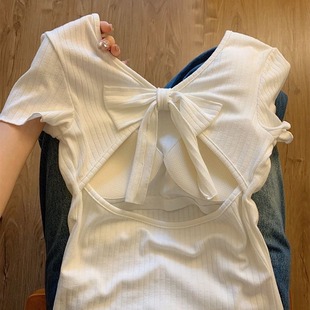 法式掐腰显瘦蝴蝶结白色短袖t恤女夏季别致甜辣很仙的绝美小上衣