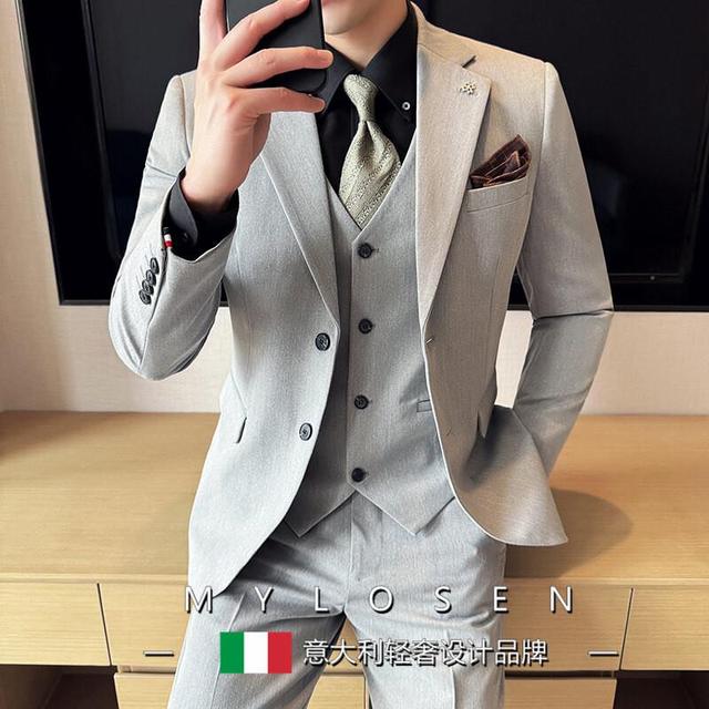 迈洛森商务西服套装男士修身韩版西装三件套新郎结婚礼服职业正装