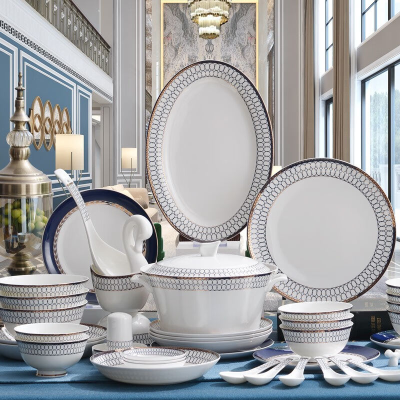 瑞玖唐山餐具碗碟套装西式陶瓷碗盘组合成套骨瓷欧式盘子碗礼盒装
