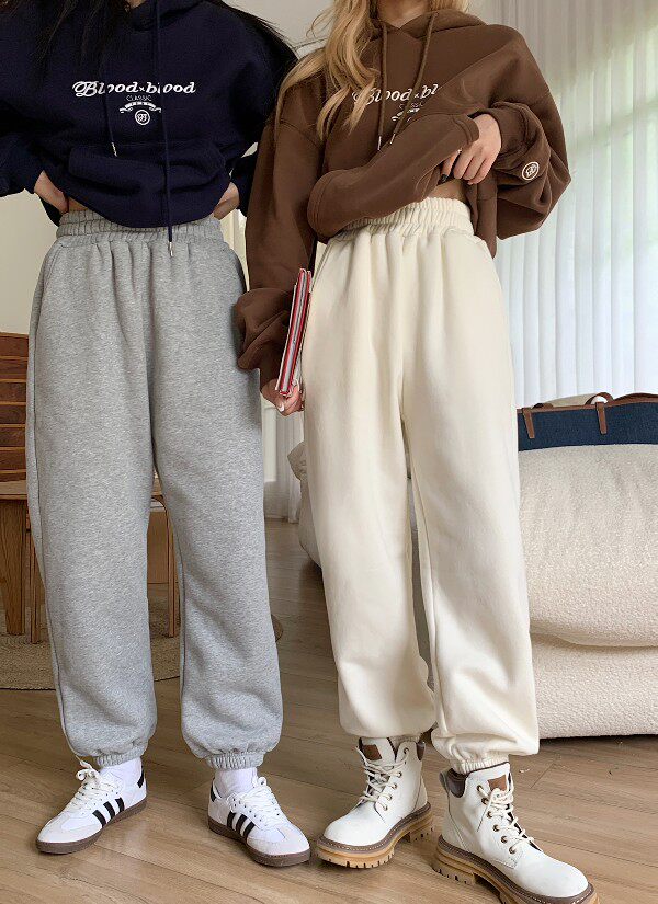 11an简约净色加绒宽松休闲裤女秋冬百搭显瘦卫裤阔腿哈伦裤潮9095