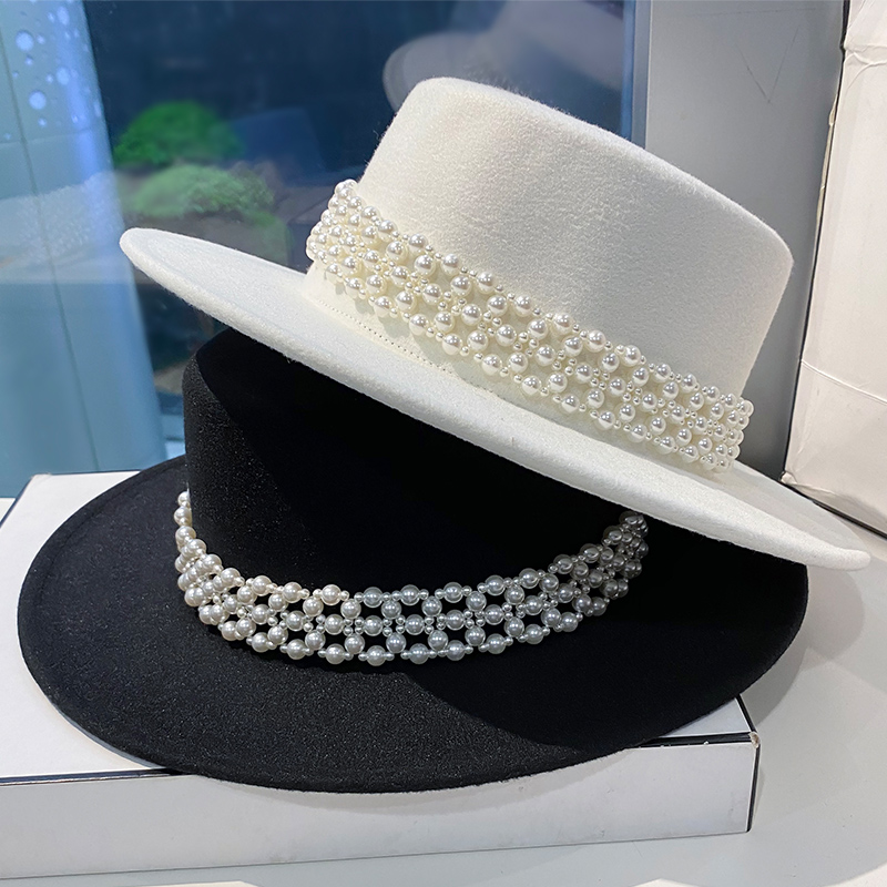 2021秋冬新款白色帽子女优雅珍珠