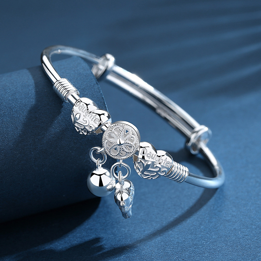 银手镯女纯银9999足银镯子年轻款情侣时尚ins潮叮当实心银手饰品