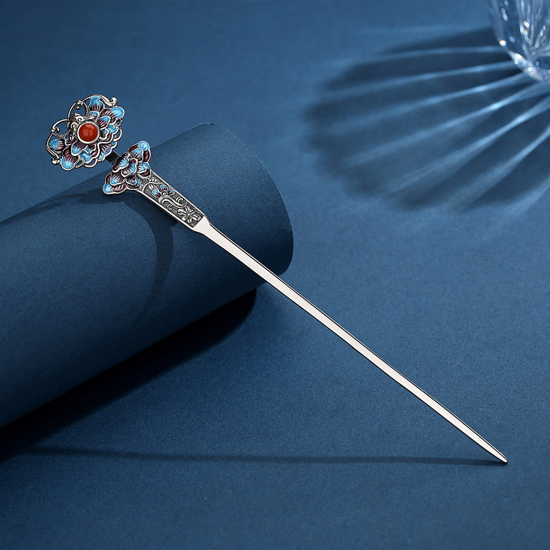 景泰蓝南红玛瑙发簪s925纯银簪子女古风汉服可盘发百搭一字簪素簪