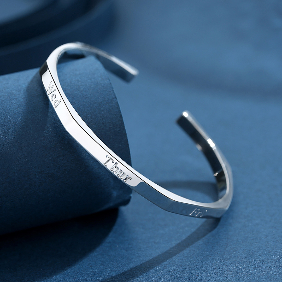 银手镯女纯银9999足银镯子网红星期ins潮手饰品简约时尚开口手环