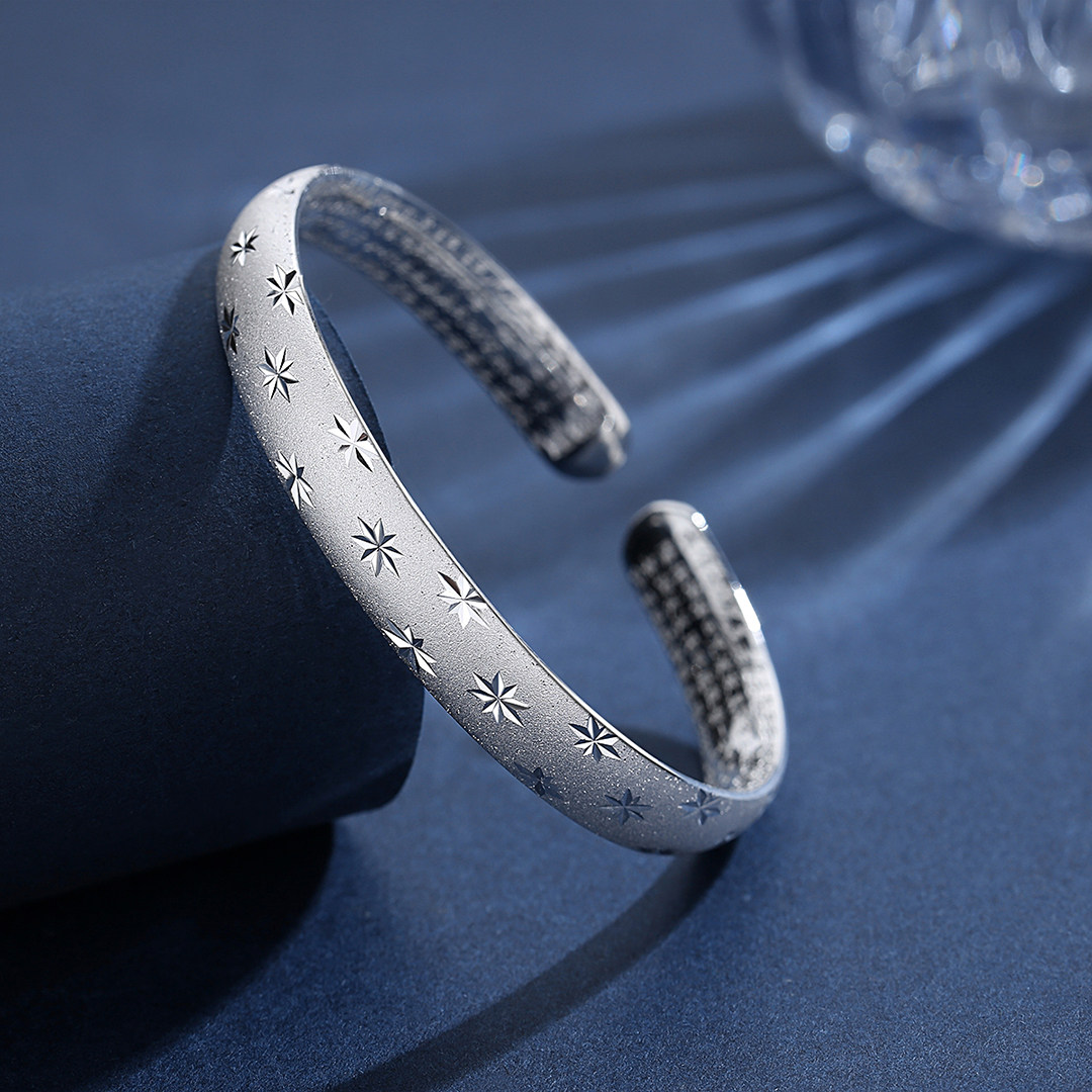 足银9999银手镯女纯银年轻款ins潮小众设计水晶沙满天星实心镯子