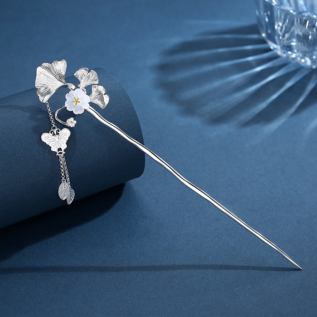 大全—s925纯银杏叶珍珠贝母发簪古风汉服盘发一字簪素簪蝴蝶流苏簪子
