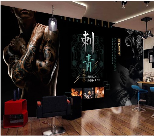 纹绣纹身店墙纸刺青工作室墙布3d立体壁纸复古装饰背景墙装修壁画