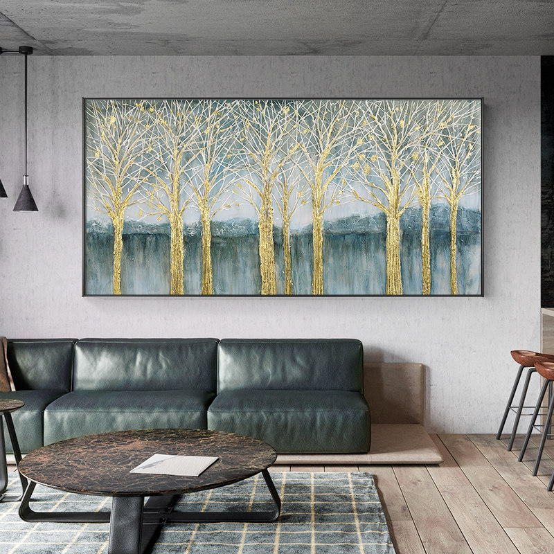 盐马手绘油画书房办公室挂画大横幅发财树墙画客厅复古玉树风景画