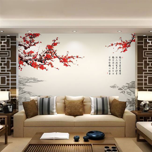5d中式古典国画水墨山水壁画客厅沙发电视背景墙壁纸影视墙布梅花