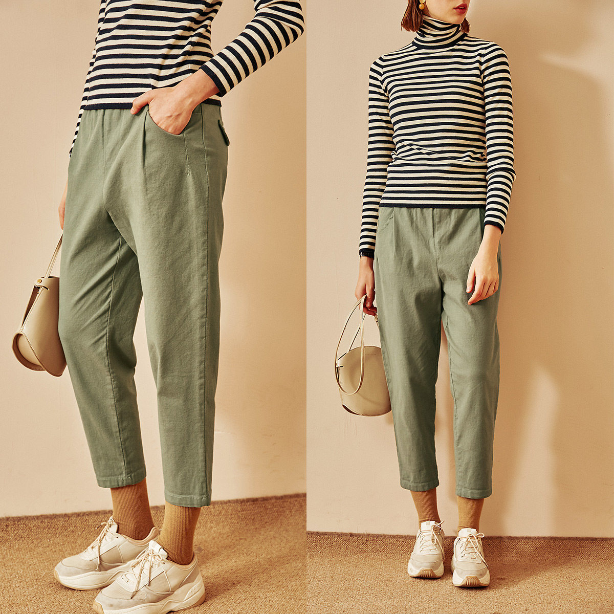 云上生活豆绿色休闲裤子女2020新款宽松百搭九分工装裤女秋k6139