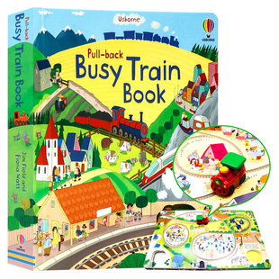 繁忙的火车轨道书 英文原版绘本 Usborne Pull-back Busy Train 儿童互动游戏读物 益智轨道书 wind-up同系列手动回拉玩具书大开