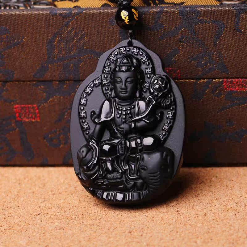 天然黑曜石普贤菩萨吊坠男士项链生肖属龙属蛇守护神快速发货