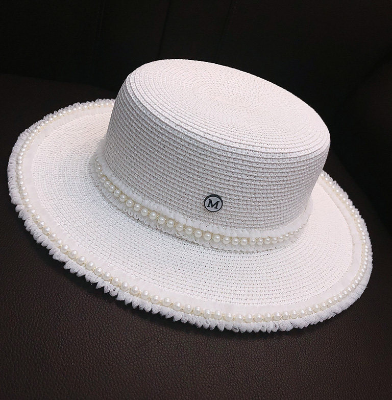 帽子女复古法式名媛蕾丝珍珠平顶草帽夏天防晒遮阳出游度假太阳帽