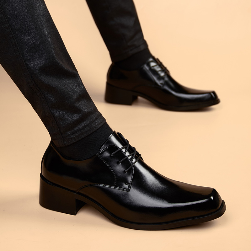 勿吻2021冬季加绒高跟皮鞋男内增高7cm青年皮鞋商务休闲真皮男鞋